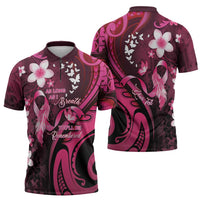 Personalised Memorial Breast Cancer Awareness Zipper Polo Shirt Plumeria Floral Tribal Pattern - Polynesian Pride
