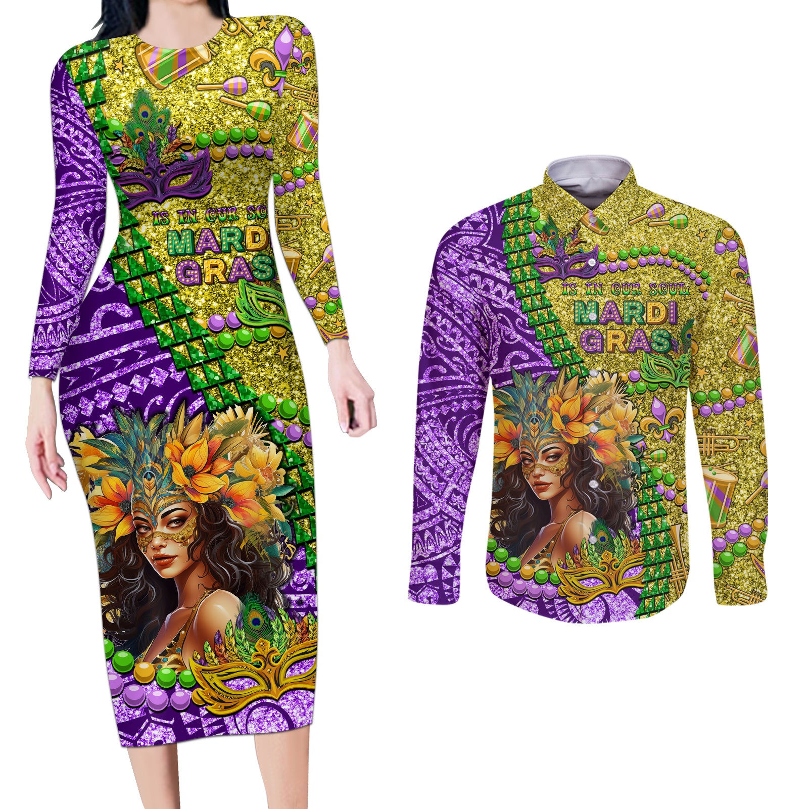 Personalised Hawaii Mardi Gras Couples Matching Long Sleeve Bodycon Dress and Long Sleeve Button Shirt Polynesian Pattern With Glitter Style LT05 Yellow - Polynesian Pride