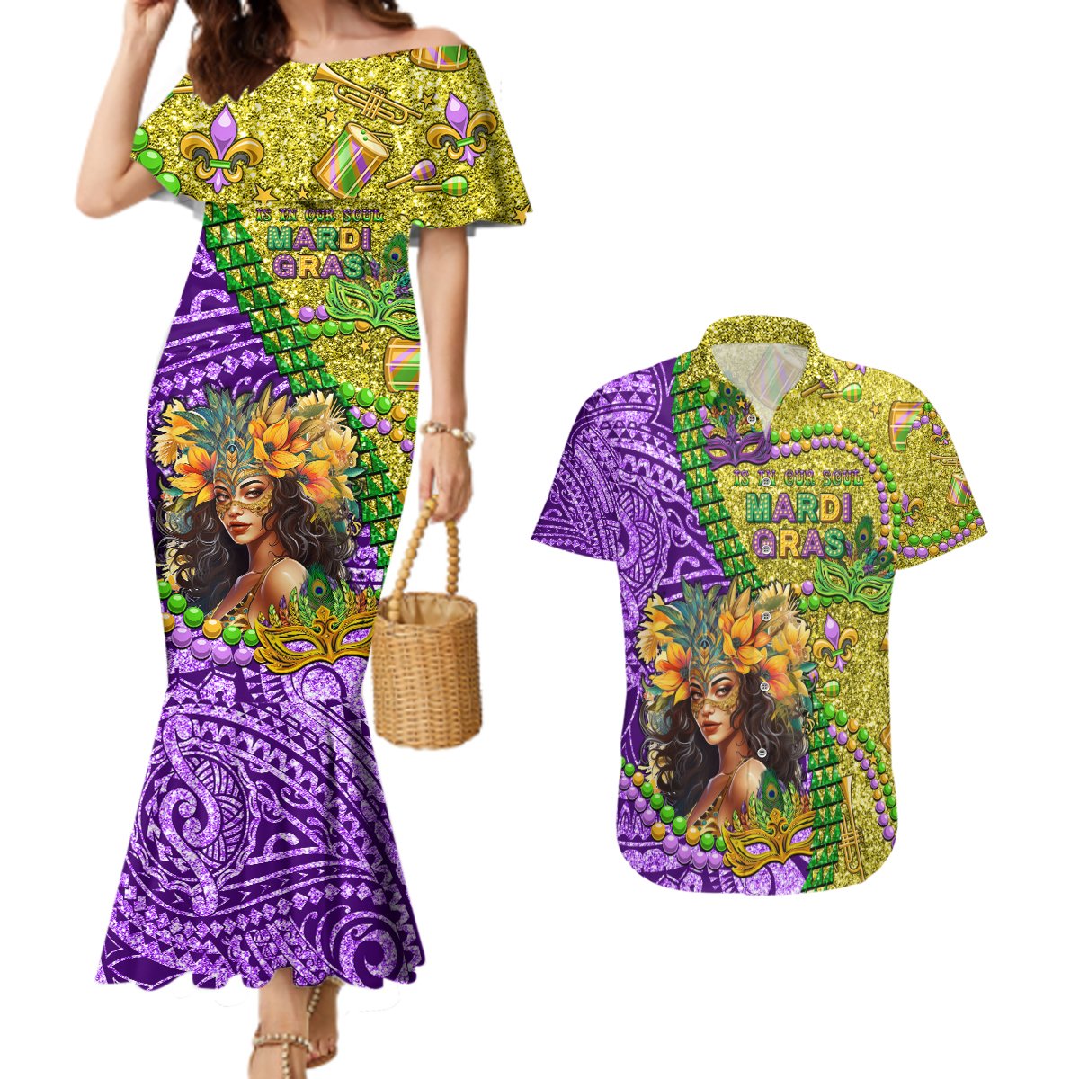 Personalised Hawaii Mardi Gras Couples Matching Mermaid Dress and Hawaiian Shirt Polynesian Pattern With Glitter Style LT05 Yellow - Polynesian Pride