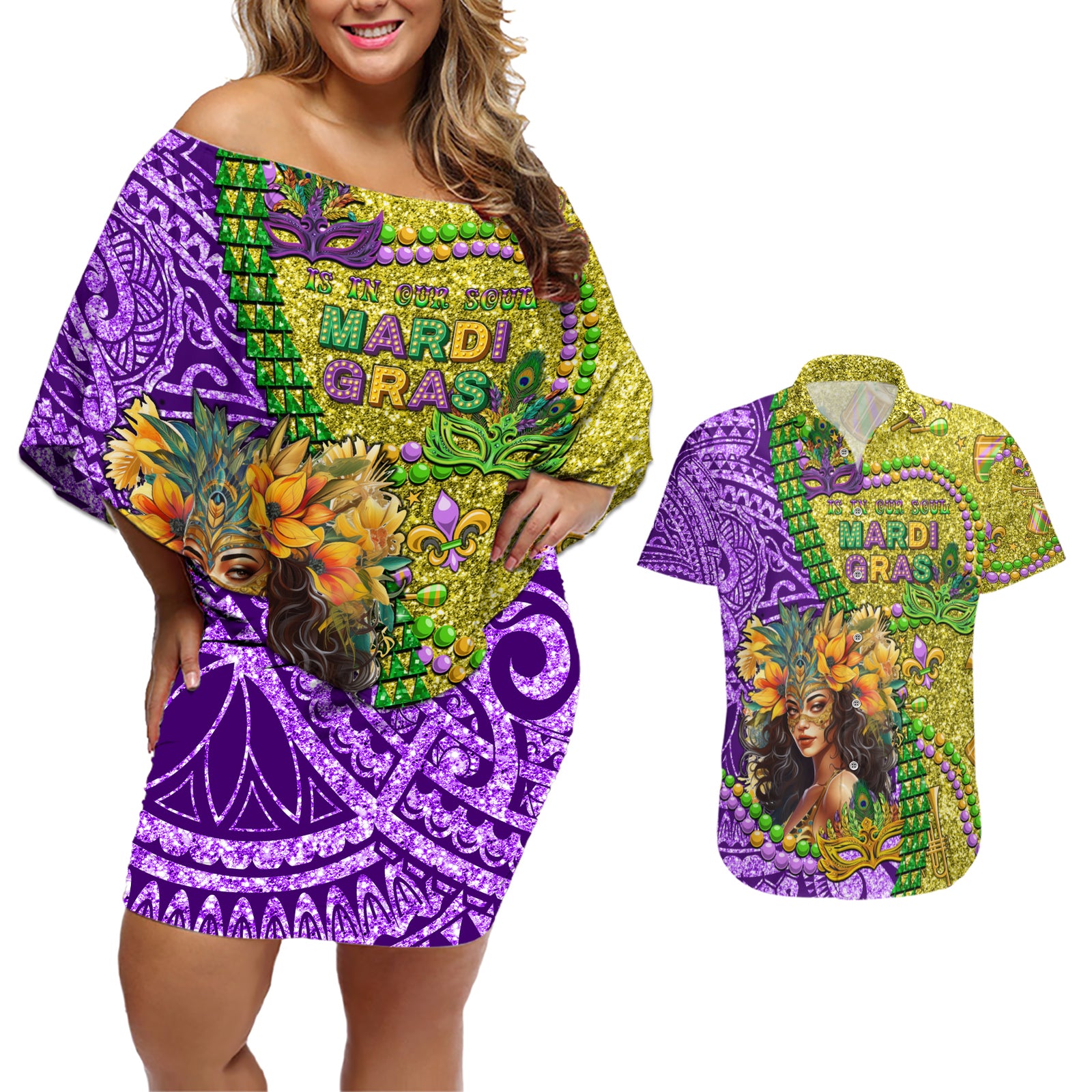 Personalised Hawaii Mardi Gras Couples Matching Off Shoulder Short Dress and Hawaiian Shirt Polynesian Pattern With Glitter Style LT05 Yellow - Polynesian Pride