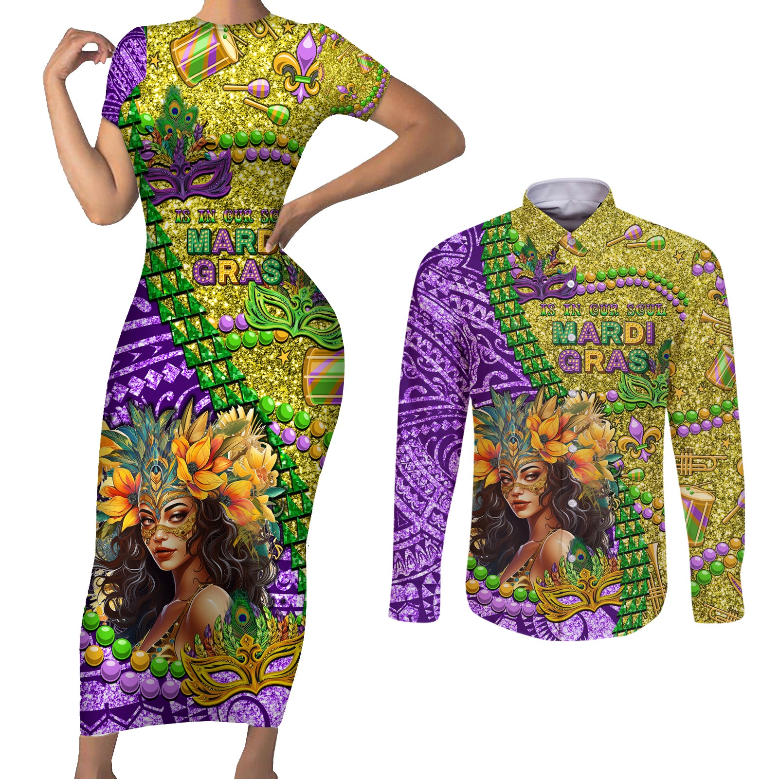 Personalised Hawaii Mardi Gras Couples Matching Short Sleeve Bodycon Dress and Long Sleeve Button Shirt Polynesian Pattern With Glitter Style LT05 Yellow - Polynesian Pride