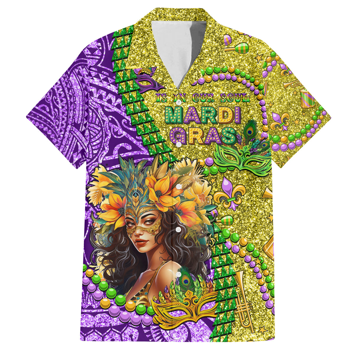 Personalised Hawaii Mardi Gras Family Matching Off Shoulder Maxi Dress and Hawaiian Shirt Polynesian Pattern With Glitter Style LT05 Dad's Shirt - Short Sleeve Yellow - Polynesian Pride