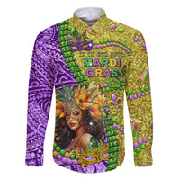 Personalised Hawaii Mardi Gras Family Matching Off Shoulder Short Dress and Hawaiian Shirt Polynesian Pattern With Glitter Style LT05 Dad's Shirt - Long Sleeve Yellow - Polynesian Pride