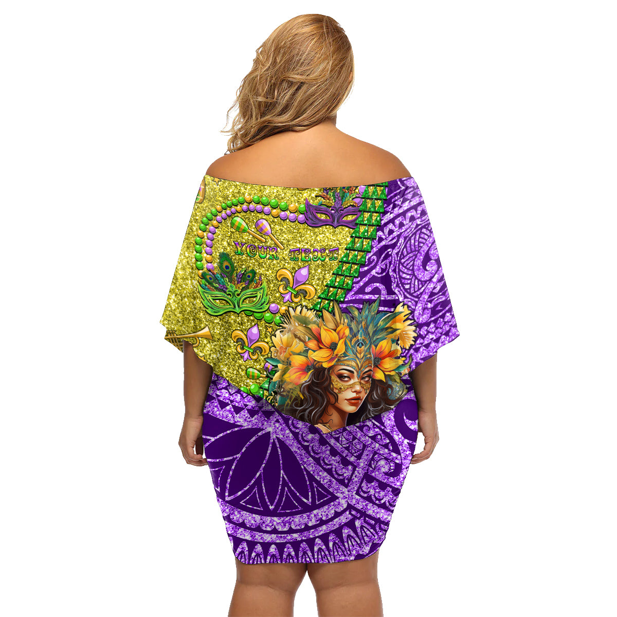 Personalised Hawaii Mardi Gras Family Matching Off Shoulder Short Dress and Hawaiian Shirt Polynesian Pattern With Glitter Style LT05 - Polynesian Pride