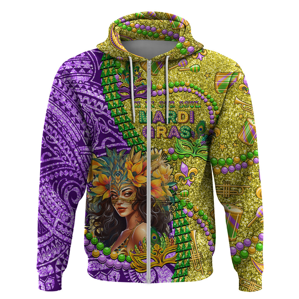 Personalised Hawaii Mardi Gras Hoodie Polynesian Pattern With Glitter Style LT05 Zip Hoodie Yellow - Polynesian Pride