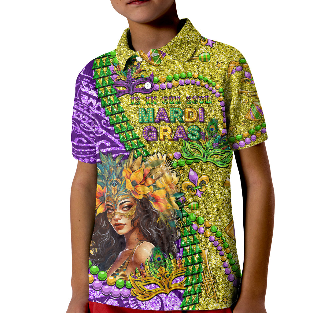 Personalised Hawaii Mardi Gras Kid Polo Shirt Polynesian Pattern With Glitter Style LT05 Kid Yellow - Polynesian Pride