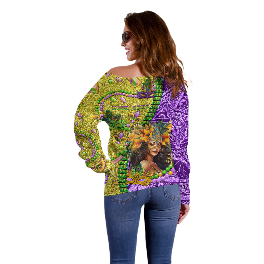Personalised Hawaii Mardi Gras Off Shoulder Sweater Polynesian Pattern With Glitter Style LT05 - Polynesian Pride