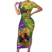 Personalised Hawaii Mardi Gras Short Sleeve Bodycon Dress Polynesian Pattern With Glitter Style LT05 Long Dress Yellow - Polynesian Pride