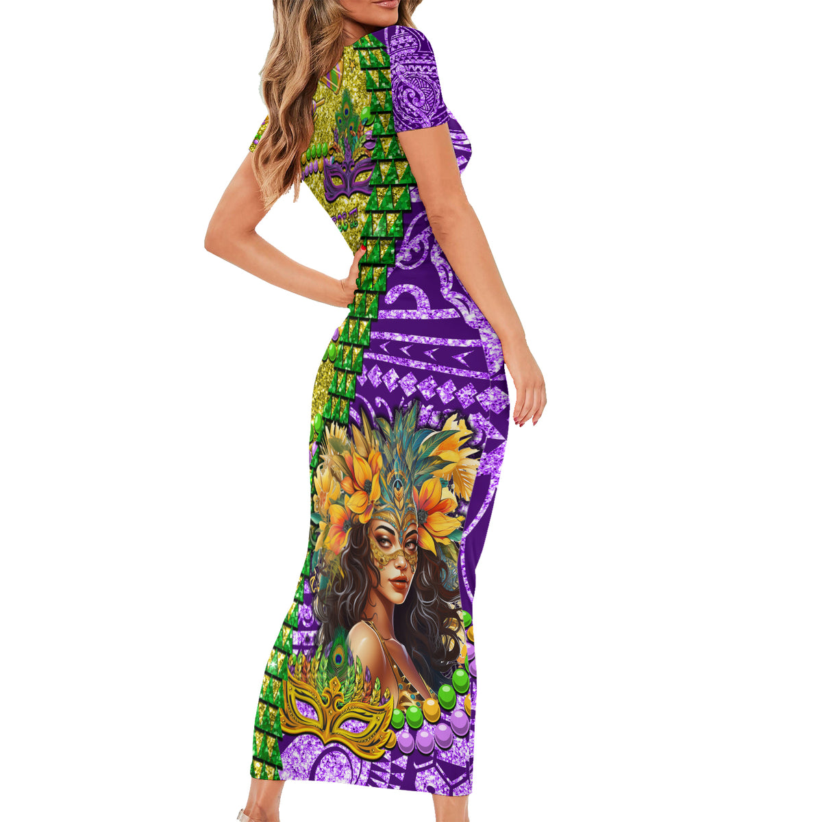 Personalised Hawaii Mardi Gras Short Sleeve Bodycon Dress Polynesian Pattern With Glitter Style LT05 - Polynesian Pride