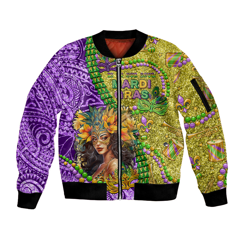 Personalised Hawaii Mardi Gras Sleeve Zip Bomber Jacket Polynesian Pattern With Glitter Style LT05 Unisex Yellow - Polynesian Pride