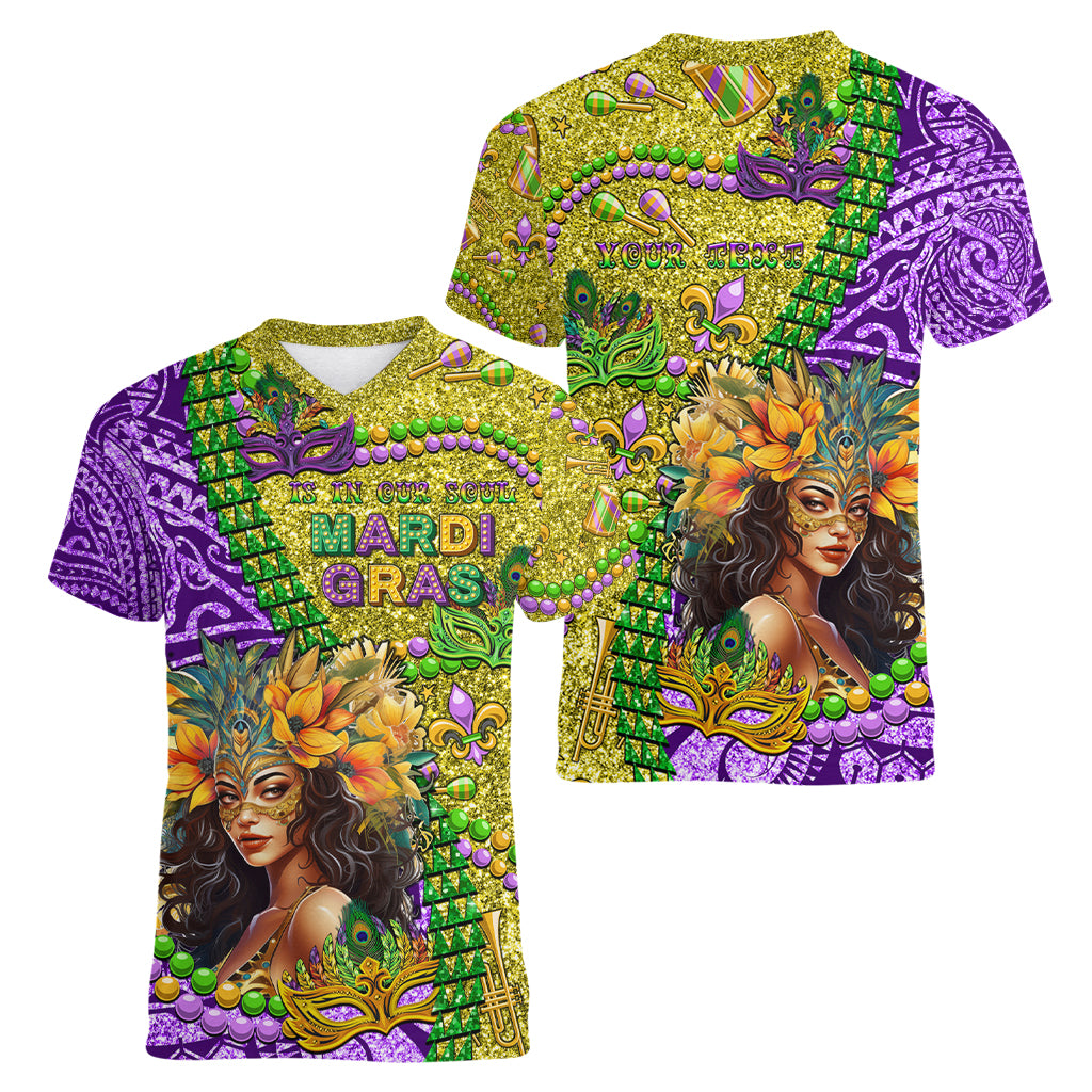 Personalised Hawaii Mardi Gras Women V Neck T Shirt Polynesian Pattern With Glitter Style LT05 - Polynesian Pride