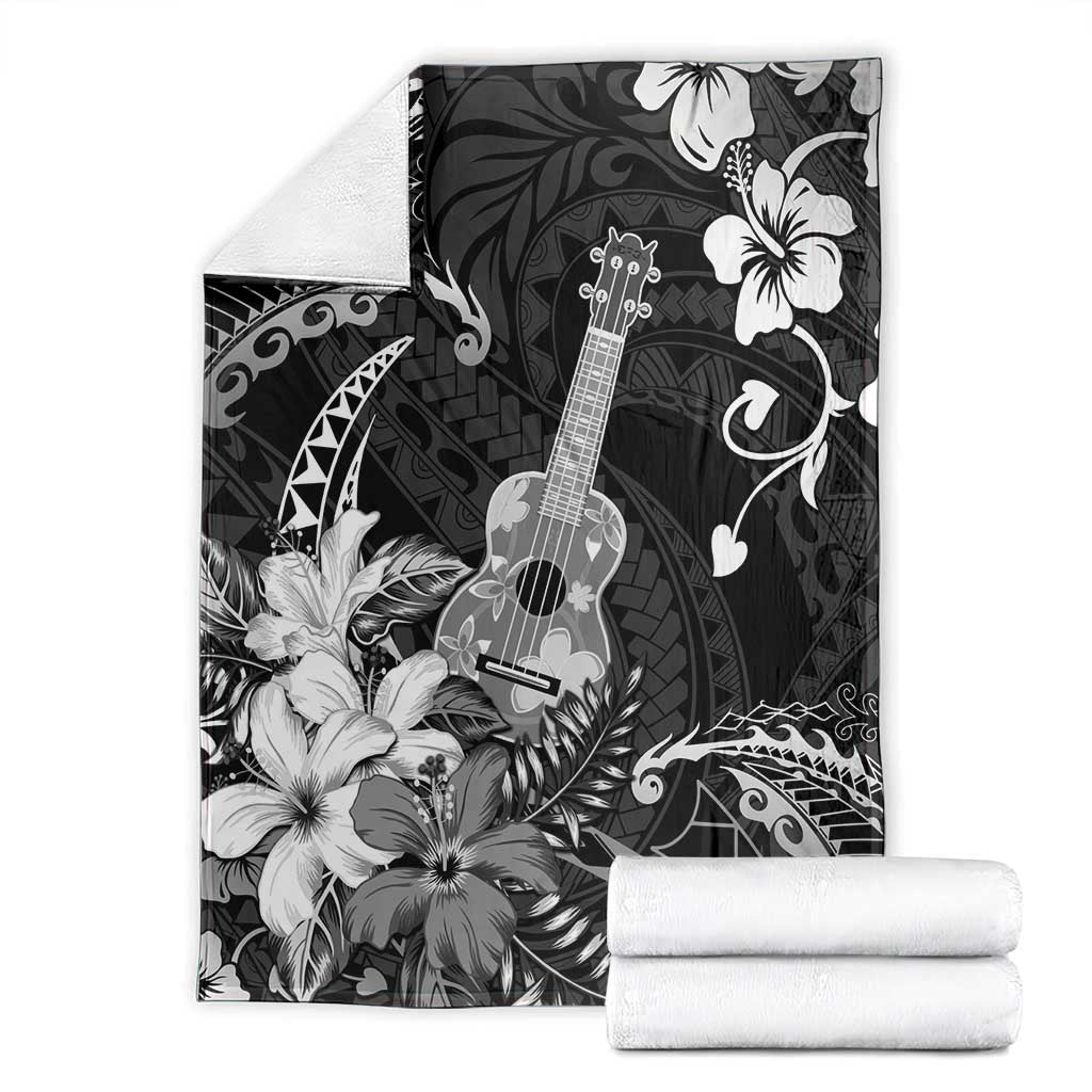 Hawaii Ukulele Blanket Polynesian Pattern Mix Hibiscus Black Version