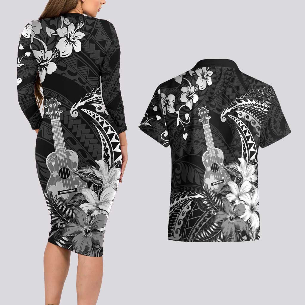 Hawaii Ukulele Couples Matching Long Sleeve Bodycon Dress and Hawaiian Shirt Polynesian Pattern Mix Hibiscus Black Version LT05