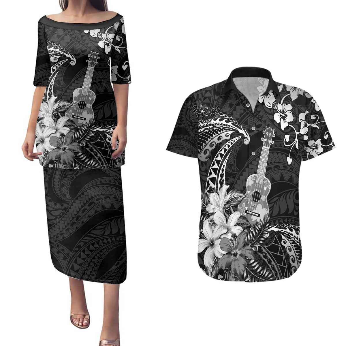 Hawaii Ukulele Couples Matching Puletasi and Hawaiian Shirt Polynesian Pattern Mix Hibiscus Black Version LT05