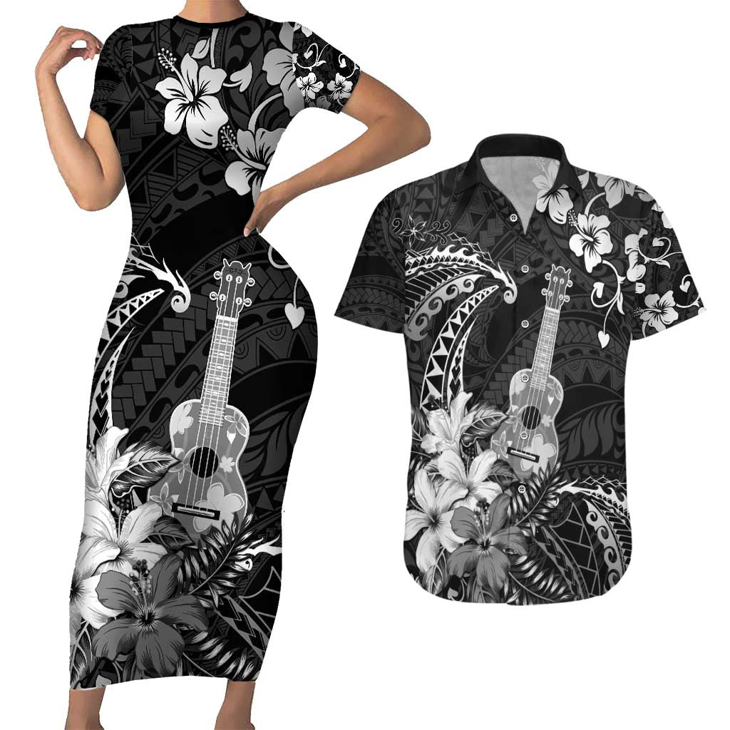 Hawaii Ukulele Couples Matching Short Sleeve Bodycon Dress and Hawaiian Shirt Polynesian Pattern Mix Hibiscus Black Version LT05