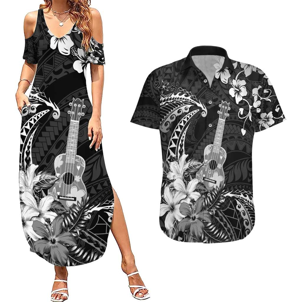 Hawaii Ukulele Couples Matching Summer Maxi Dress and Hawaiian Shirt Polynesian Pattern Mix Hibiscus Black Version LT05