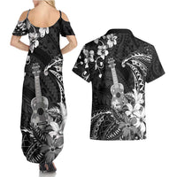 Hawaii Ukulele Couples Matching Summer Maxi Dress and Hawaiian Shirt Polynesian Pattern Mix Hibiscus Black Version LT05