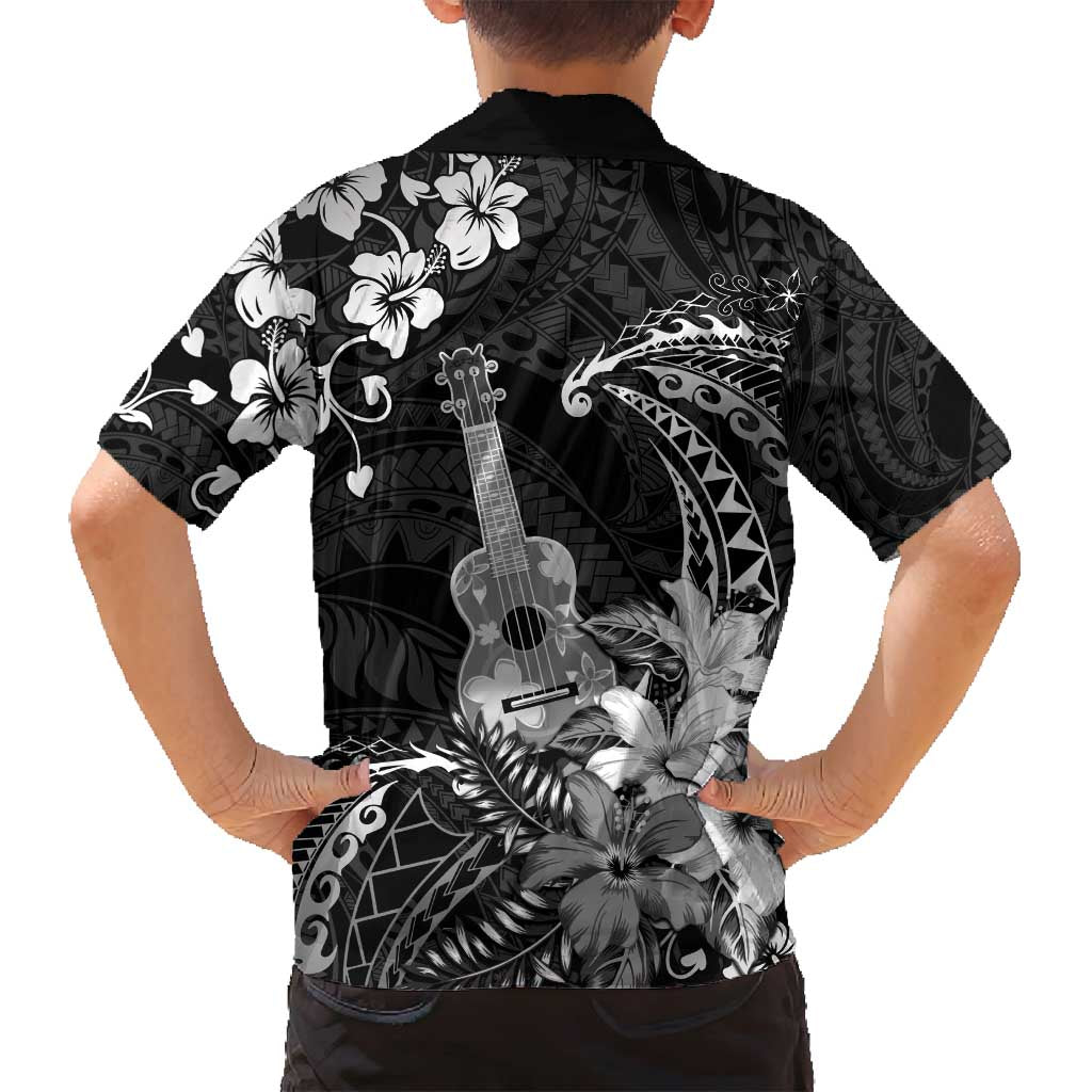 Hawaii Ukulele Family Matching Long Sleeve Bodycon Dress and Hawaiian Shirt Polynesian Pattern Mix Hibiscus Black Version LT05