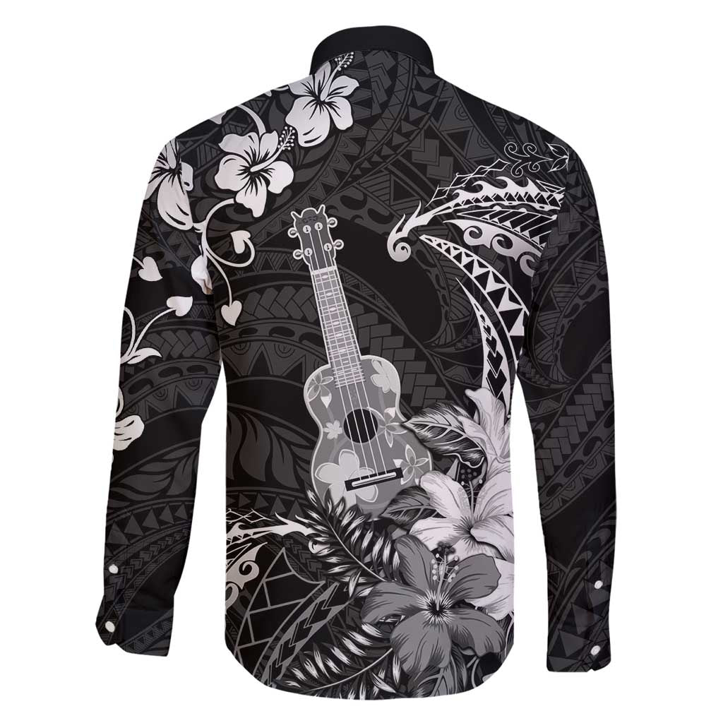 Hawaii Ukulele Family Matching Long Sleeve Bodycon Dress and Hawaiian Shirt Polynesian Pattern Mix Hibiscus Black Version LT05