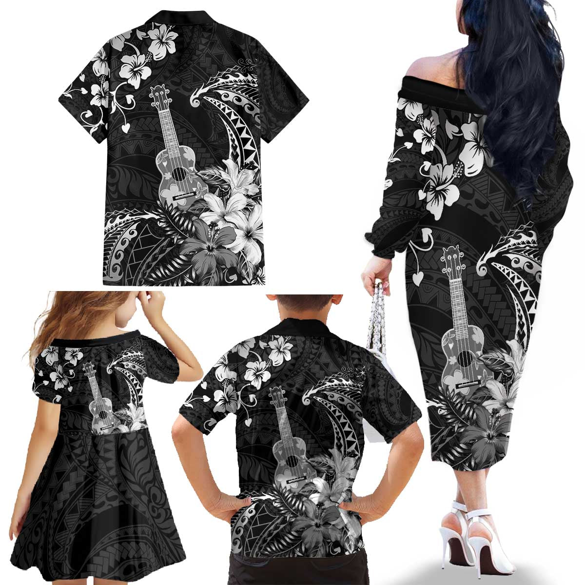 Hawaii Ukulele Family Matching Off The Shoulder Long Sleeve Dress and Hawaiian Shirt Polynesian Pattern Mix Hibiscus Black Version LT05