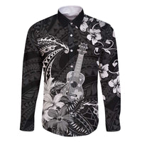 Hawaii Ukulele Family Matching Off The Shoulder Long Sleeve Dress and Hawaiian Shirt Polynesian Pattern Mix Hibiscus Black Version LT05