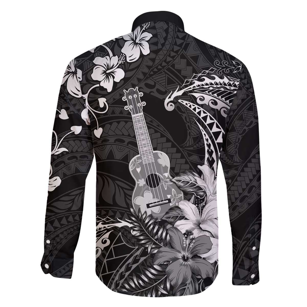 Hawaii Ukulele Family Matching Off The Shoulder Long Sleeve Dress and Hawaiian Shirt Polynesian Pattern Mix Hibiscus Black Version LT05