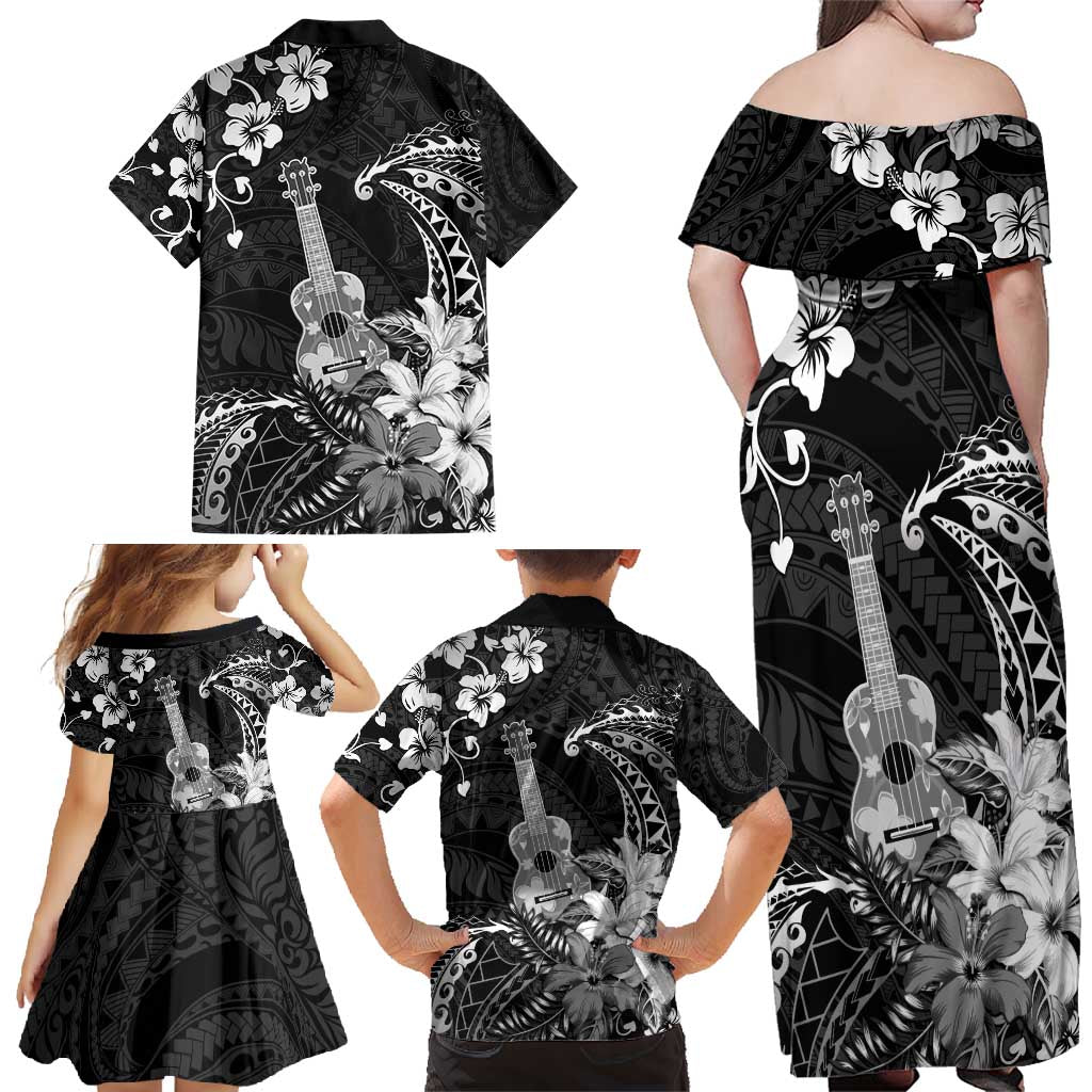 Hawaii Ukulele Family Matching Off Shoulder Maxi Dress and Hawaiian Shirt Polynesian Pattern Mix Hibiscus Black Version LT05