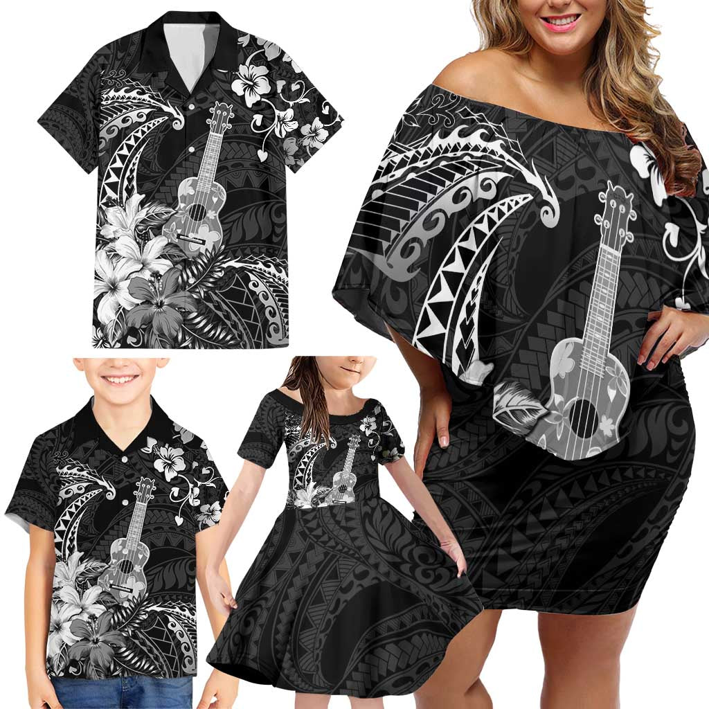 Hawaii Ukulele Family Matching Off Shoulder Short Dress and Hawaiian Shirt Polynesian Pattern Mix Hibiscus Black Version LT05