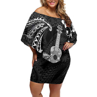 Hawaii Ukulele Family Matching Off Shoulder Short Dress and Hawaiian Shirt Polynesian Pattern Mix Hibiscus Black Version LT05