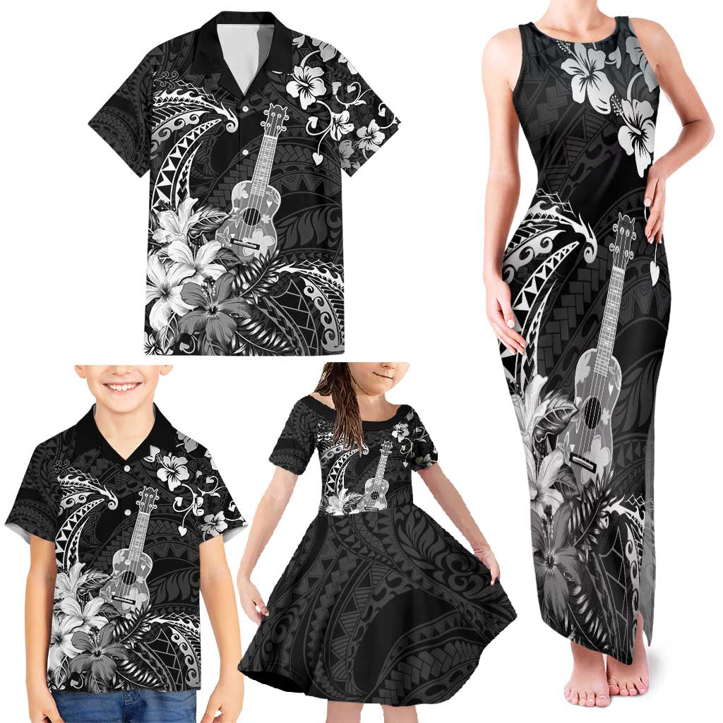 Hawaii Ukulele Family Matching Tank Maxi Dress and Hawaiian Shirt Polynesian Pattern Mix Hibiscus Black Version LT05