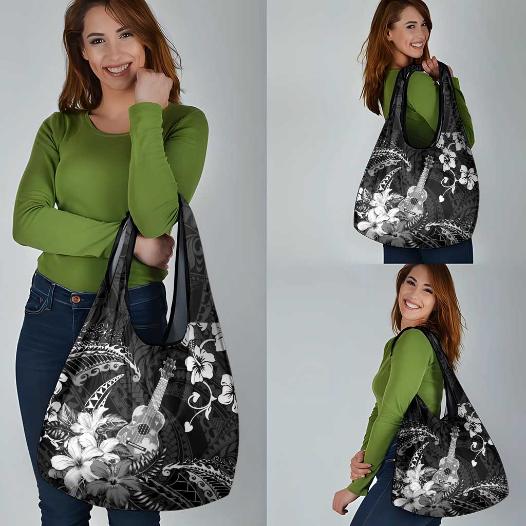 Hawaii Ukulele Grocery Bag Polynesian Pattern Mix Hibiscus Black Version