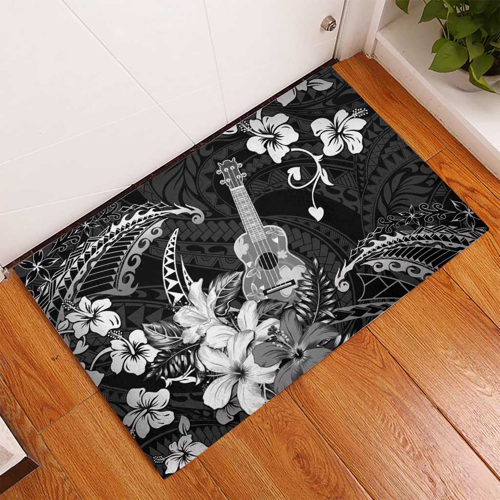 Hawaii Ukulele Rubber Doormat Polynesian Pattern Mix Hibiscus Black Version
