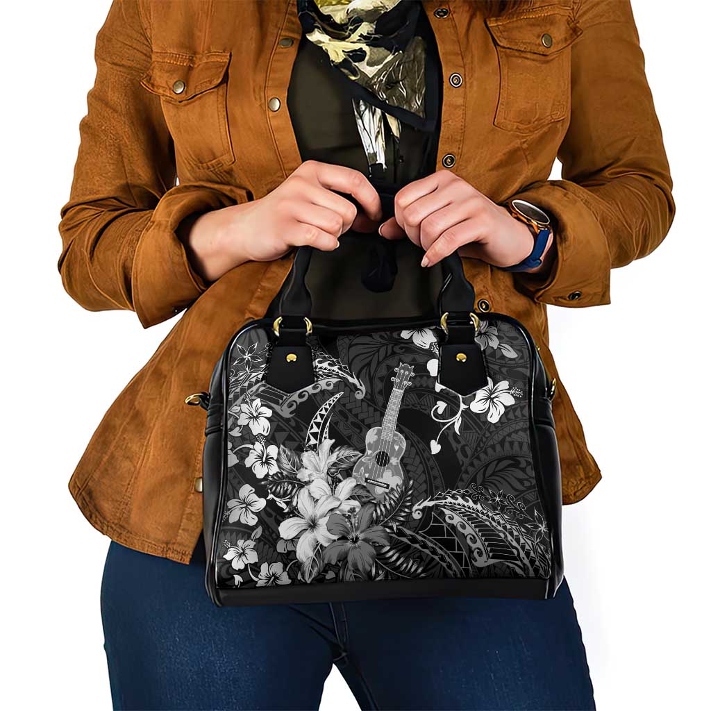Hawaii Ukulele Shoulder Handbag Polynesian Pattern Mix Hibiscus Black Version