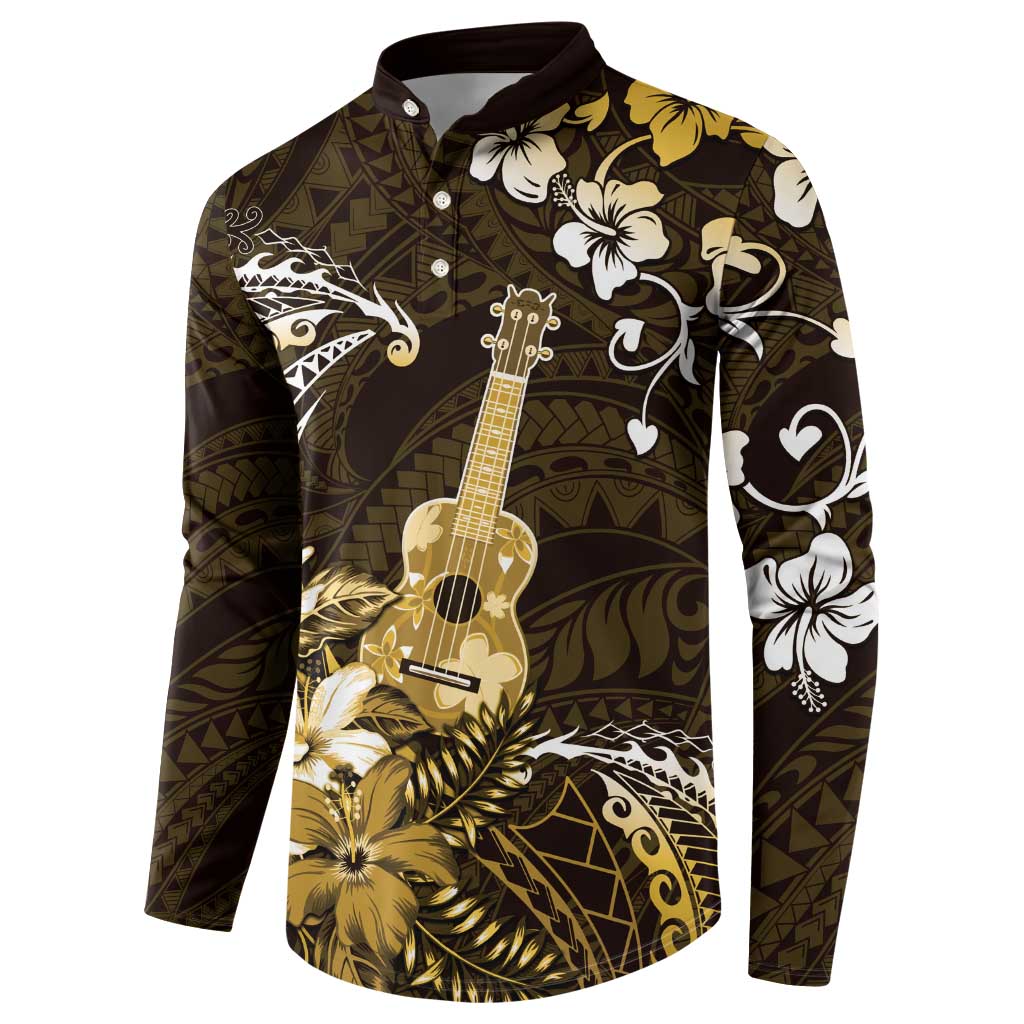 Hawaii Ukulele Button Sweatshirt Polynesian Pattern Mix Hibiscus Gold Version LT05