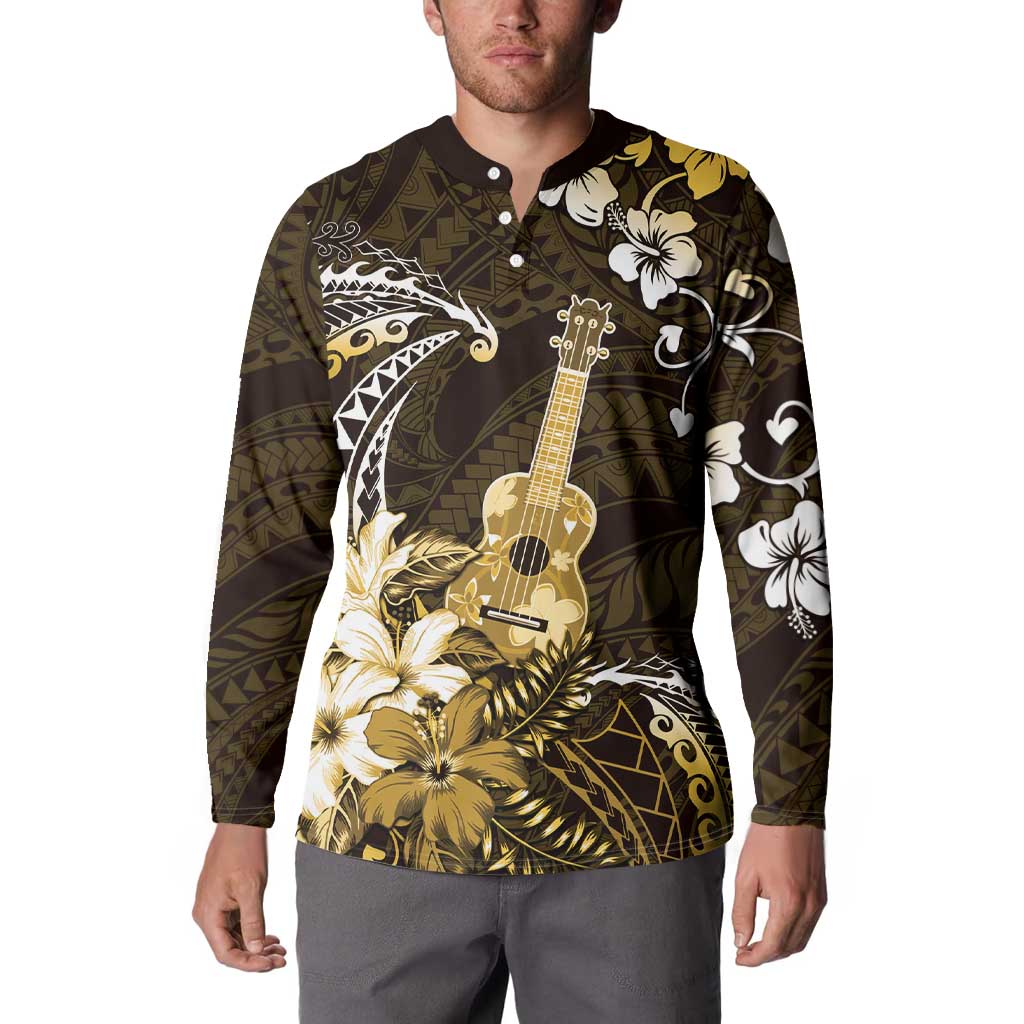 Hawaii Ukulele Button Sweatshirt Polynesian Pattern Mix Hibiscus Gold Version LT05