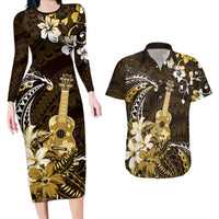 Hawaii Ukulele Couples Matching Long Sleeve Bodycon Dress and Hawaiian Shirt Polynesian Pattern Mix Hibiscus Gold Version LT05
