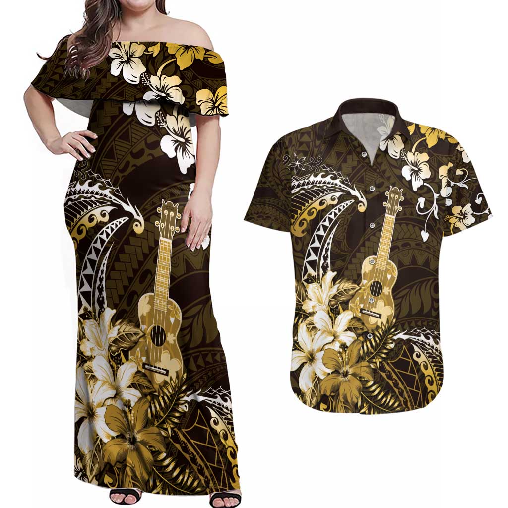 Hawaii Ukulele Couples Matching Off Shoulder Maxi Dress and Hawaiian Shirt Polynesian Pattern Mix Hibiscus Gold Version LT05