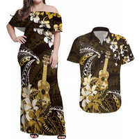 Hawaii Ukulele Couples Matching Off Shoulder Maxi Dress and Hawaiian Shirt Polynesian Pattern Mix Hibiscus Gold Version LT05