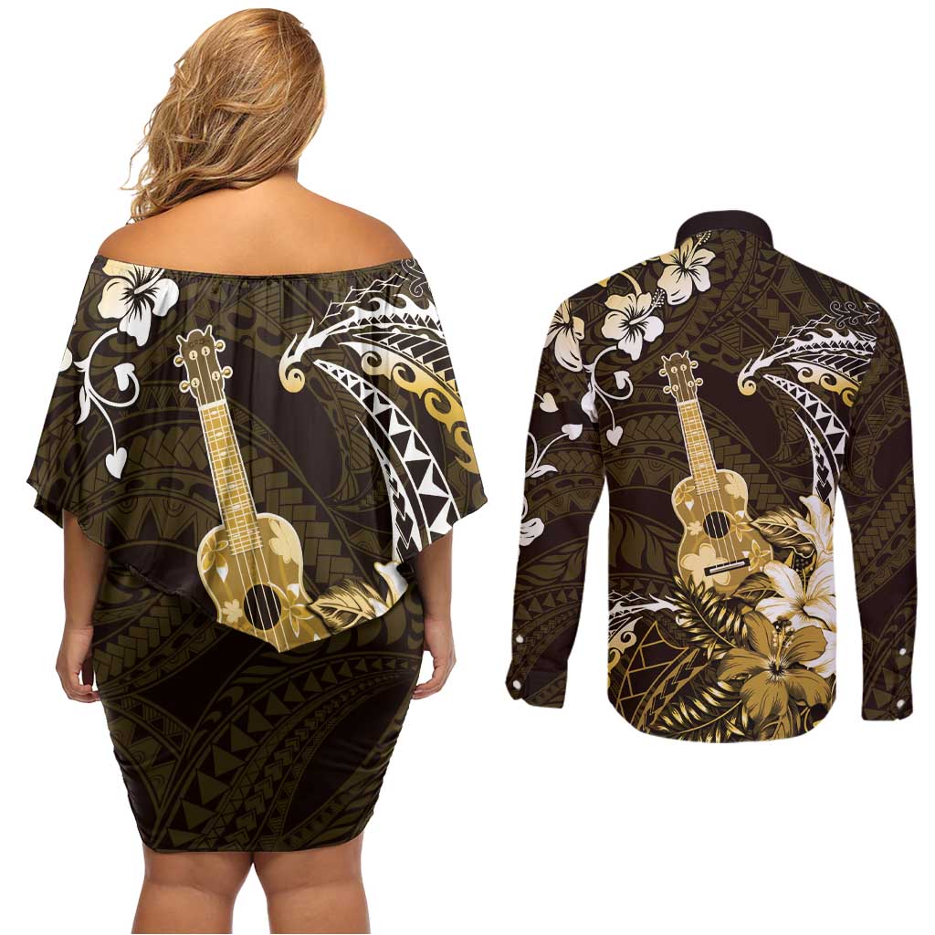 Hawaii Ukulele Couples Matching Off Shoulder Short Dress and Long Sleeve Button Shirt Polynesian Pattern Mix Hibiscus Gold Version LT05