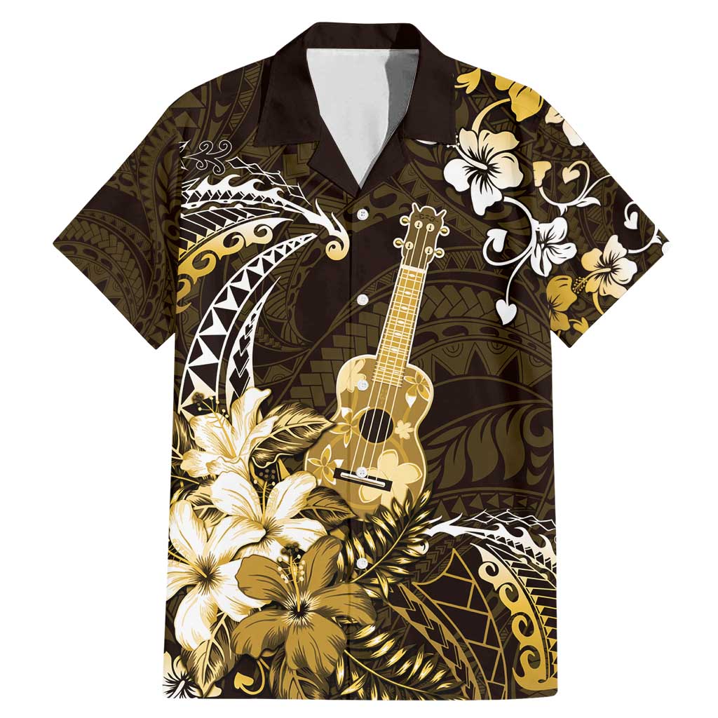 Hawaii Ukulele Family Matching Mermaid Dress and Hawaiian Shirt Polynesian Pattern Mix Hibiscus Gold Version LT05