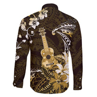 Hawaii Ukulele Family Matching Off The Shoulder Long Sleeve Dress and Hawaiian Shirt Polynesian Pattern Mix Hibiscus Gold Version LT05