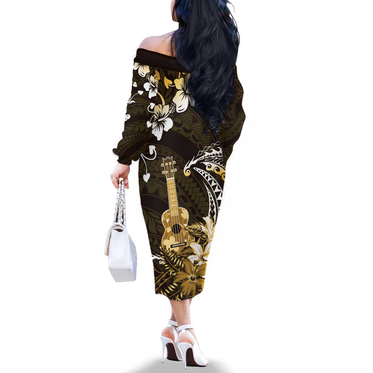 Hawaii Ukulele Family Matching Off The Shoulder Long Sleeve Dress and Hawaiian Shirt Polynesian Pattern Mix Hibiscus Gold Version LT05