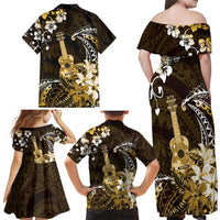Hawaii Ukulele Family Matching Off Shoulder Maxi Dress and Hawaiian Shirt Polynesian Pattern Mix Hibiscus Gold Version LT05