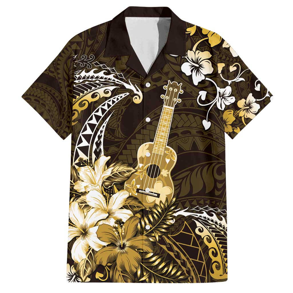 Hawaii Ukulele Family Matching Off Shoulder Short Dress and Hawaiian Shirt Polynesian Pattern Mix Hibiscus Gold Version LT05