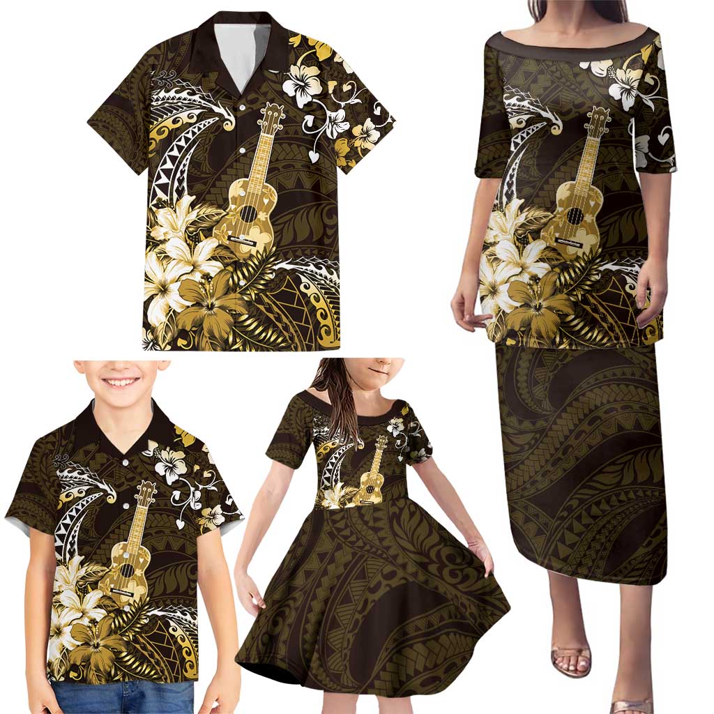 Hawaii Ukulele Family Matching Puletasi and Hawaiian Shirt Polynesian Pattern Mix Hibiscus Gold Version LT05
