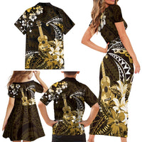 Hawaii Ukulele Family Matching Short Sleeve Bodycon Dress and Hawaiian Shirt Polynesian Pattern Mix Hibiscus Gold Version LT05