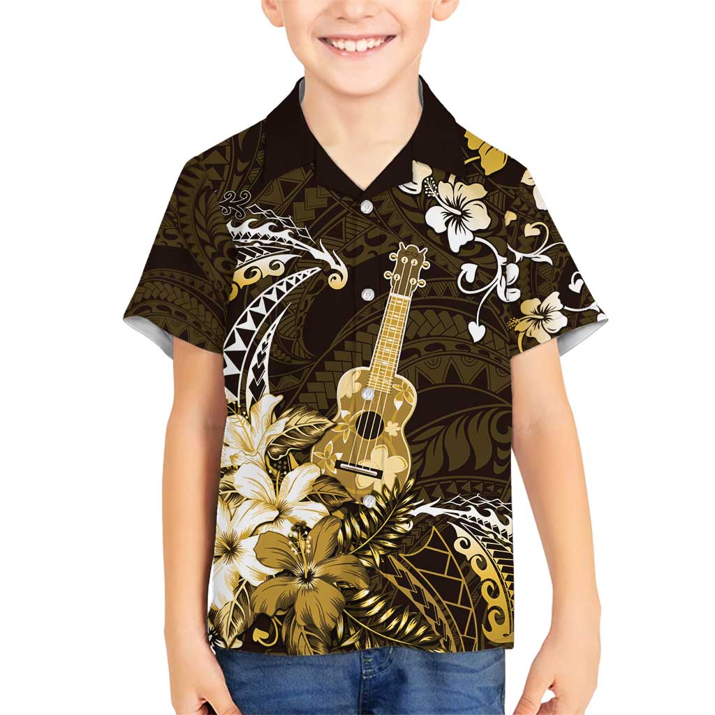 Hawaii Ukulele Family Matching Summer Maxi Dress and Hawaiian Shirt Polynesian Pattern Mix Hibiscus Gold Version LT05