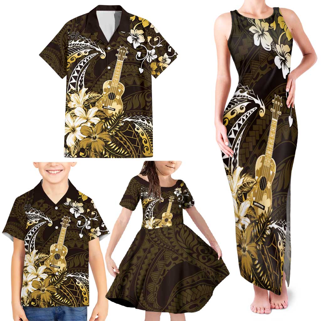 Hawaii Ukulele Family Matching Tank Maxi Dress and Hawaiian Shirt Polynesian Pattern Mix Hibiscus Gold Version LT05