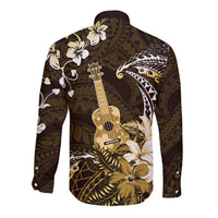 Hawaii Ukulele Long Sleeve Button Shirt Polynesian Pattern Mix Hibiscus Gold Version LT05