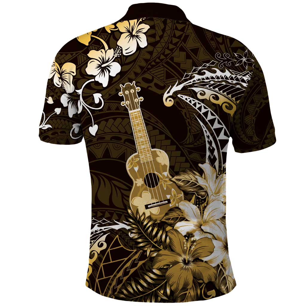 Hawaii Ukulele Polo Shirt Polynesian Pattern Mix Hibiscus Gold Version LT05
